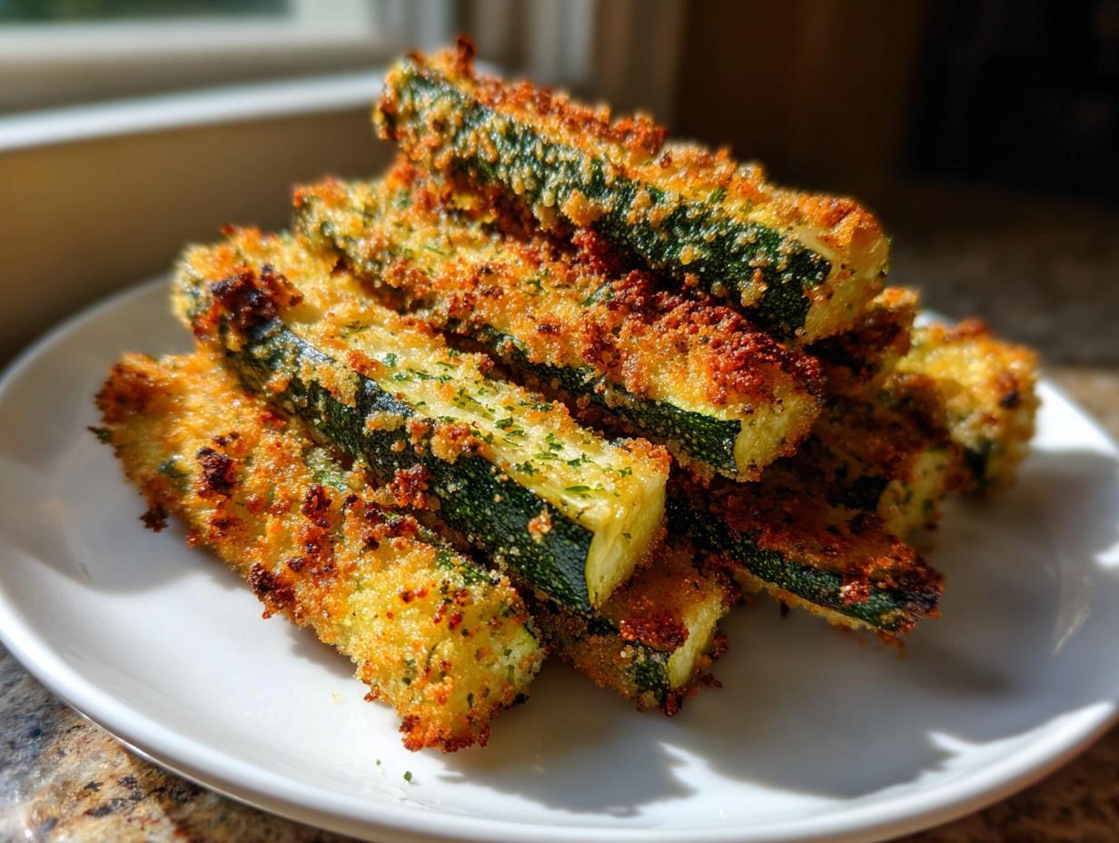 A pile of golden brown, crispy baked parmesan zucchini sticks stacked on a white plate.