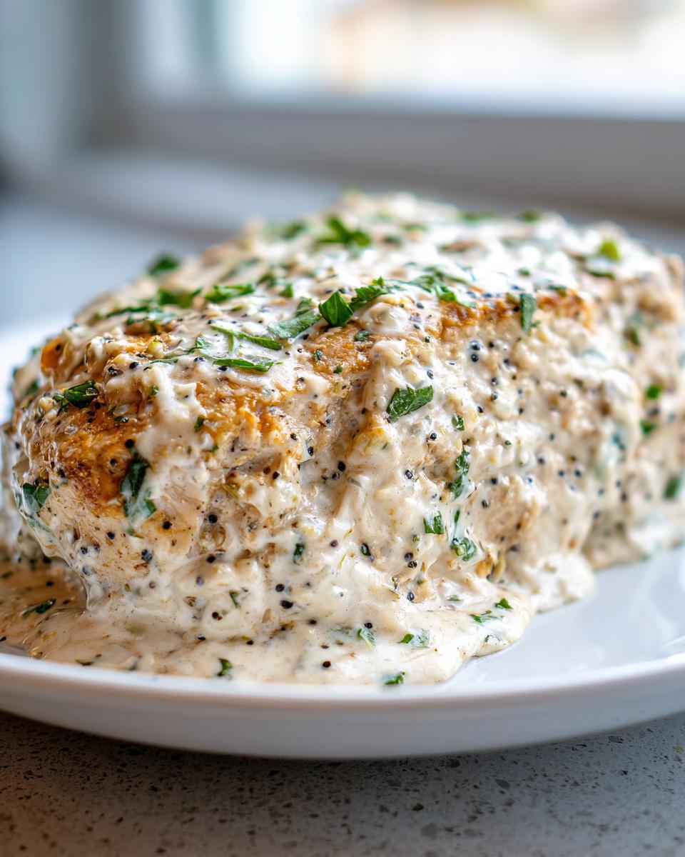 Close-up of a juicy baked ranch chicken breast smothered in a creamy, speckled sauce and topped with fresh parsley.