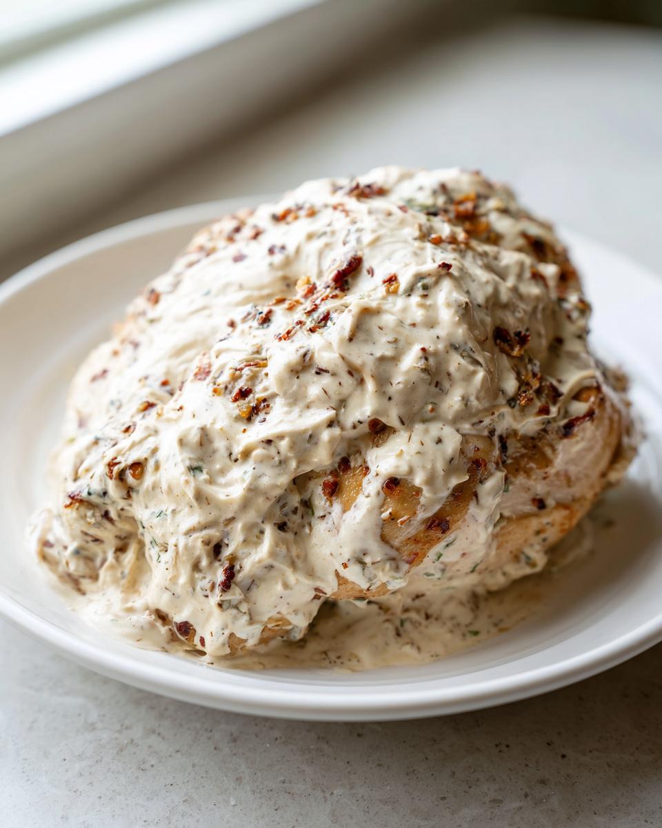 A close-up of a juicy baked ranch chicken breast smothered in a thick, creamy ranch sauce with visible herbs and bacon bits.