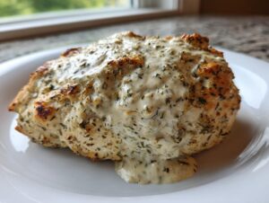 Close-up of a perfectly cooked baked ranch chicken breast smothered in creamy ranch sauce on a white plate.