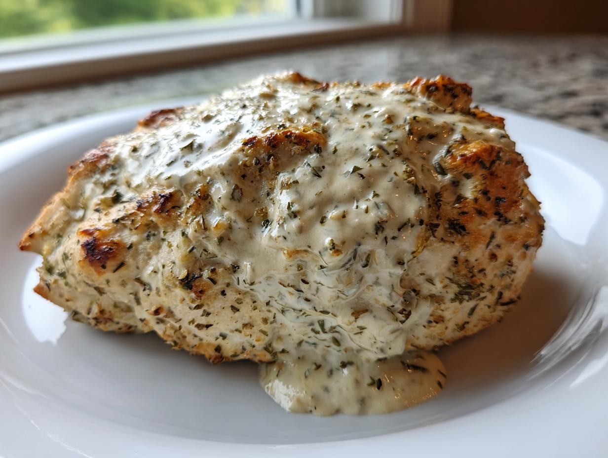 Close-up of a perfectly cooked baked ranch chicken breast smothered in creamy ranch sauce on a white plate.