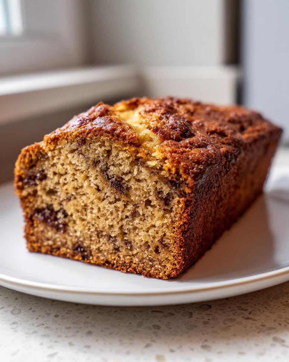 Close-up of a moist slice of the best banana bread, showing a rich brown crust and chocolate chips throughout the crumb.
