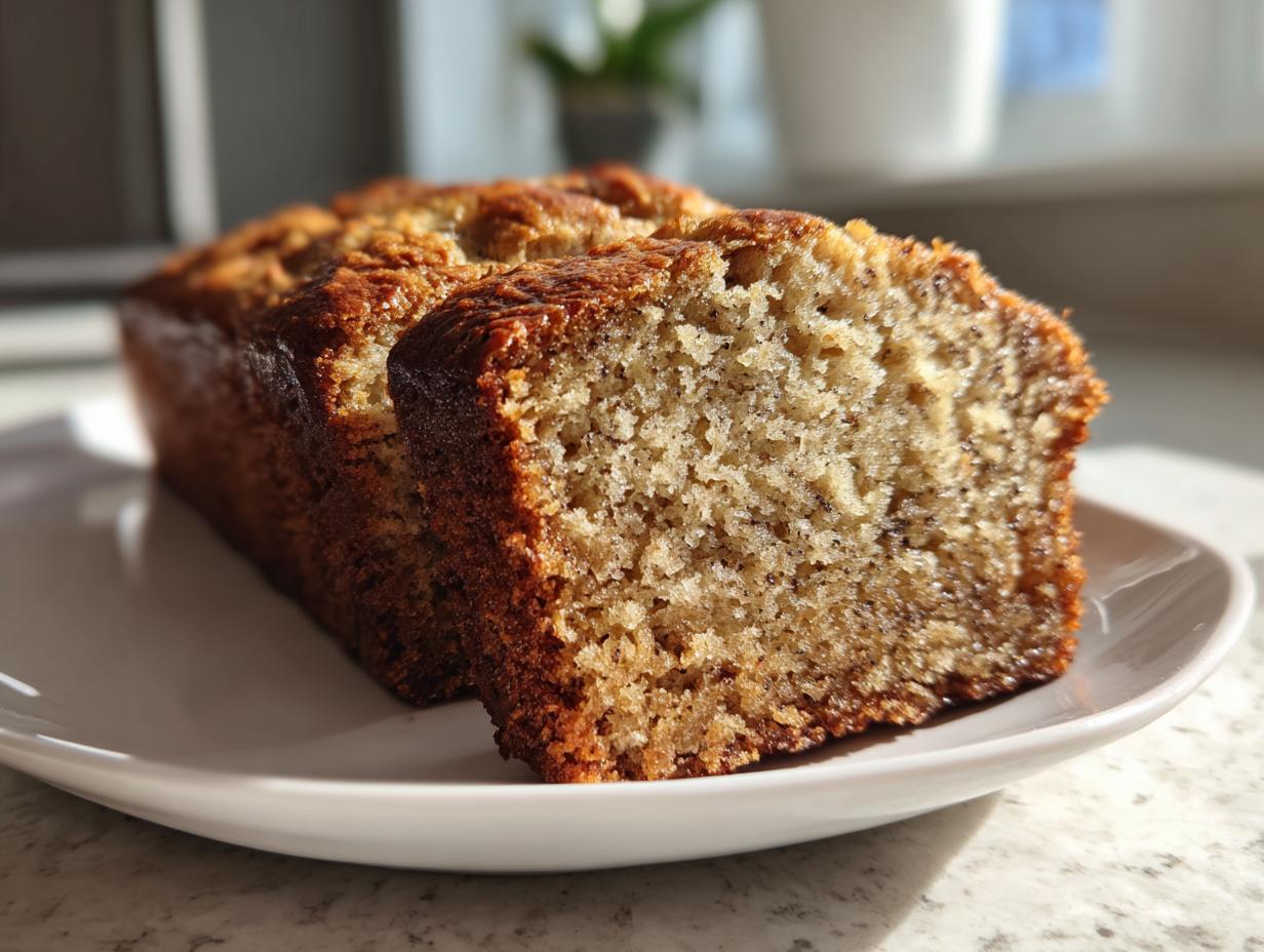 Close-up of a slice of the best banana bread showing its moist, textured crumb and golden-brown crust.