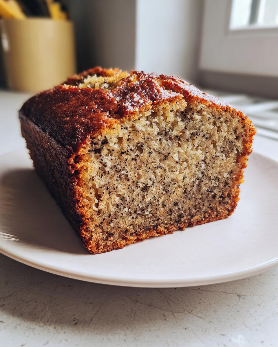 Close-up of a moist slice of the best banana bread, showing a dense crumb speckled with poppy seeds, on a white plate.