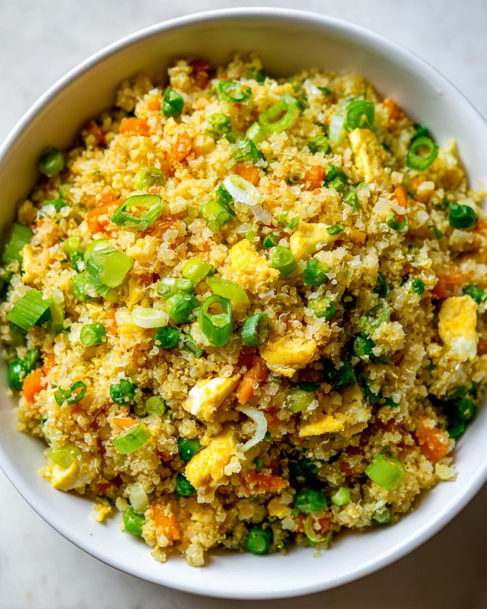Close-up of a white bowl filled with vibrant cauliflower fried rice, mixed with scrambled egg, peas, carrots, and green onions.