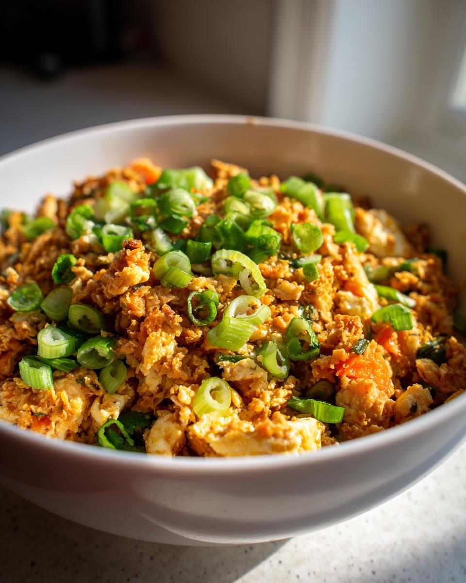 Close-up of a white bowl filled with savory cauliflower fried rice, garnished generously with sliced green onions.