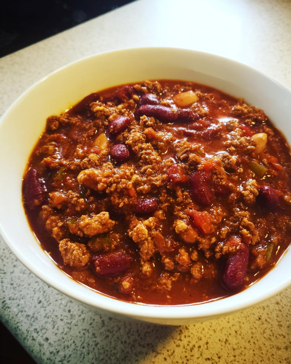 Close-up of a white bowl filled with rich, hearty high protein chili featuring ground meat and kidney beans.