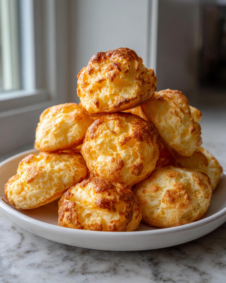 A stack of freshly baked, golden brown brazilian cheese bread puffs piled high on a white plate.