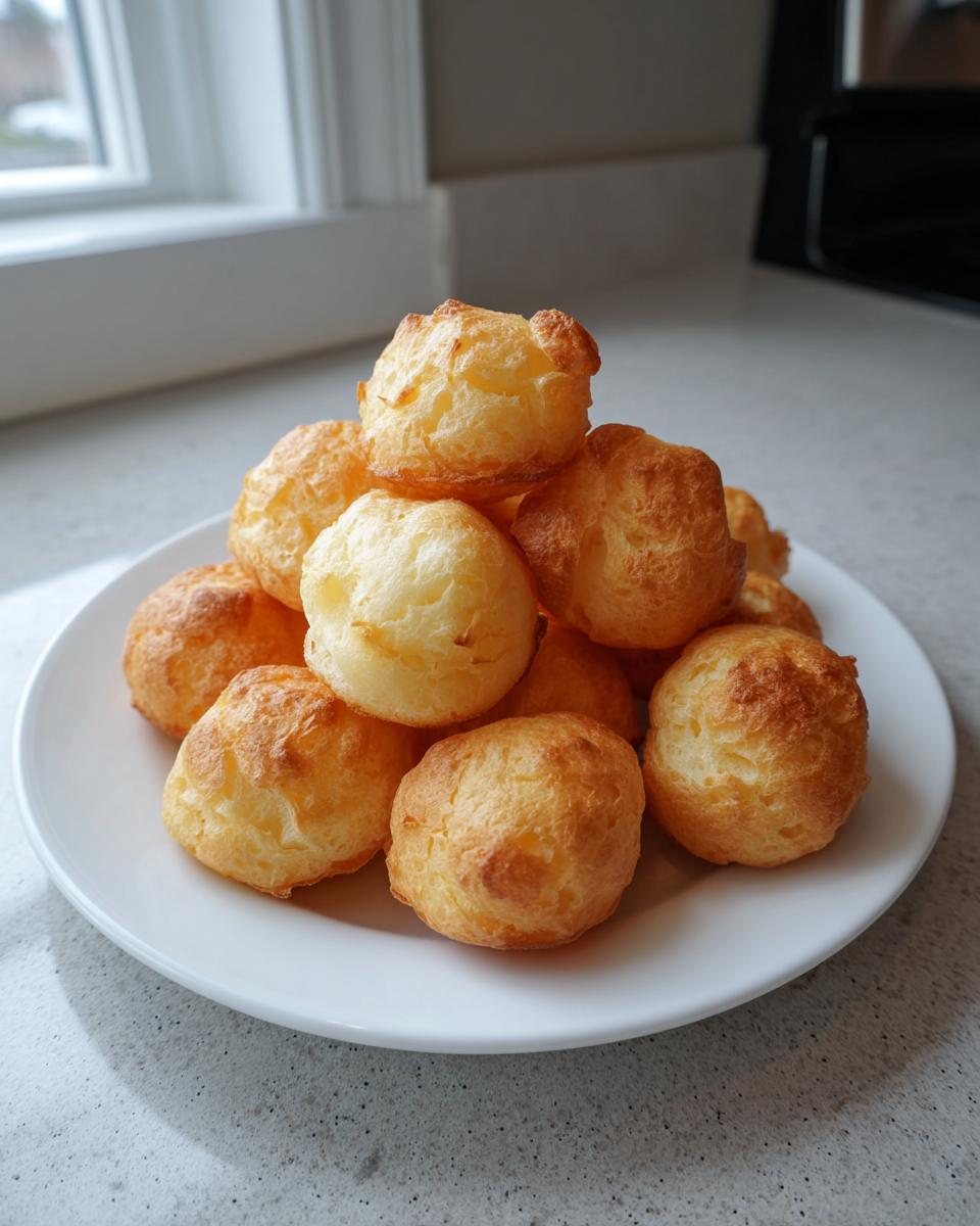 A stack of freshly baked, golden Brazilian cheese bread puffs piled high on a white plate.