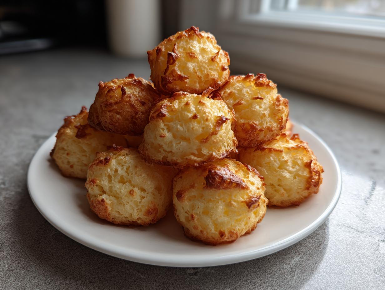 A stack of freshly baked, golden brown brazilian cheese bread puffs piled high on a small white plate.