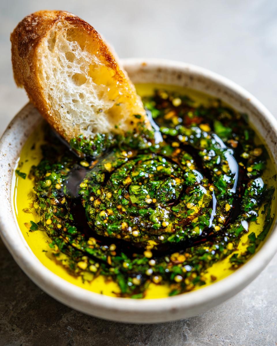 A piece of crusty bread being dipped into a small bowl of vibrant green olive oil bread dip.