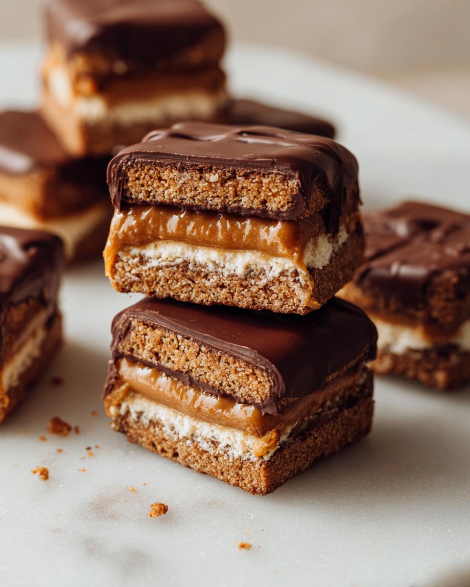 Close-up of stacked buckeye graham crackers squares showing layers of graham cracker, cream, caramel, and chocolate topping.