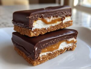 Close-up of two layered Buckeye Graham Crackers bars stacked, showing chocolate, caramel, marshmallow, and graham crust.