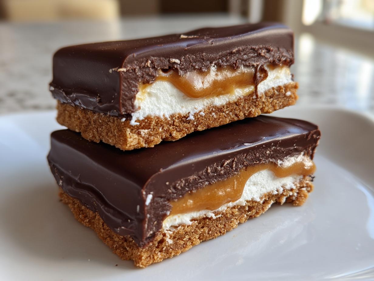 Close-up of two layered Buckeye Graham Crackers bars stacked, showing chocolate, caramel, marshmallow, and graham crust.