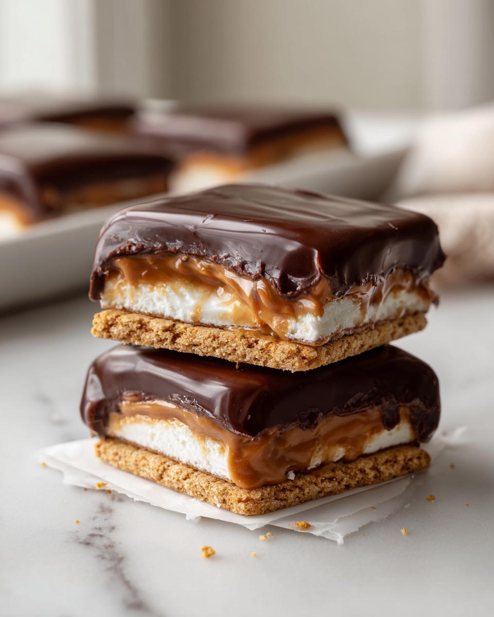 Two stacked squares of buckeye graham crackers layered with marshmallow, caramel, and topped with glossy chocolate ganache.