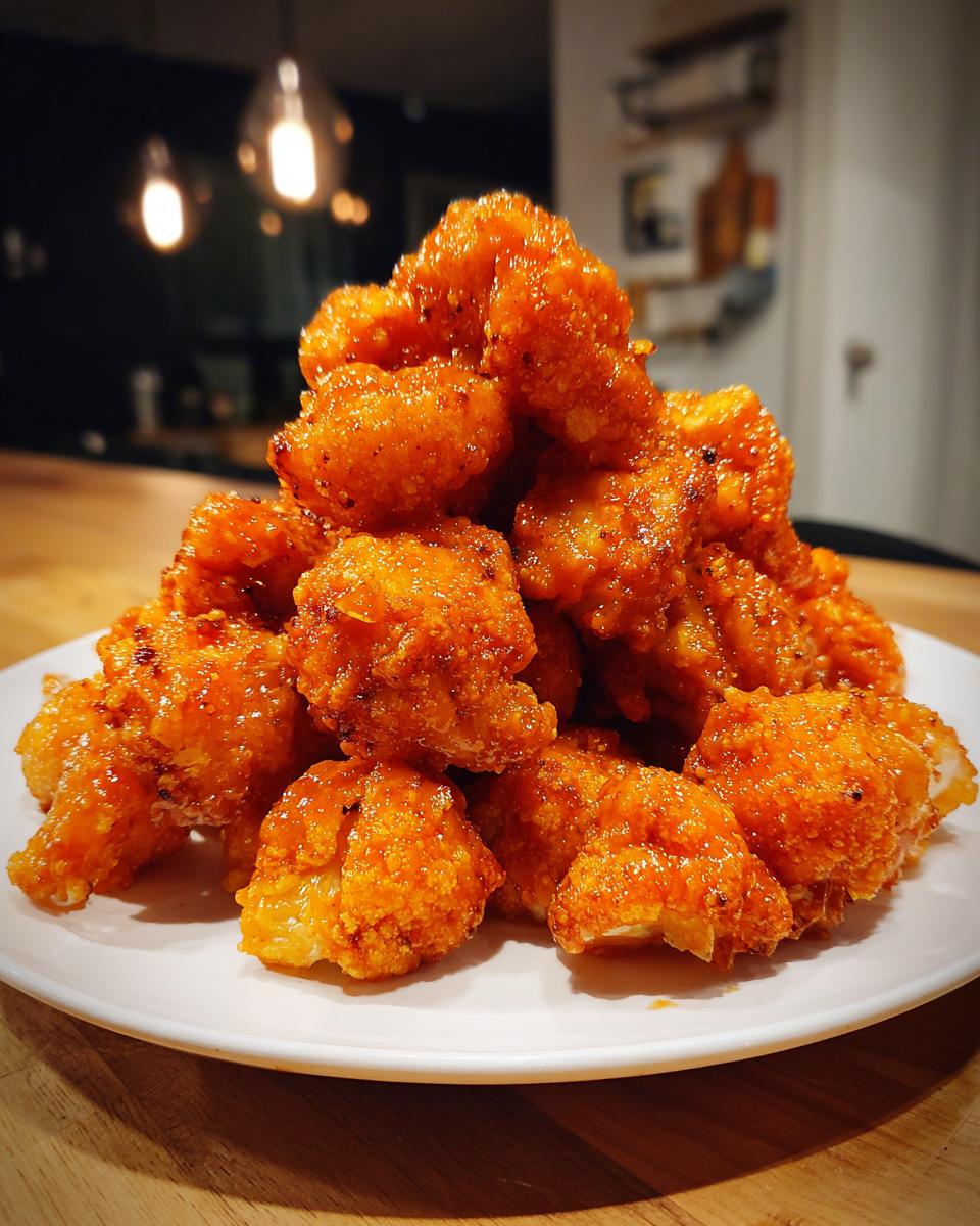 A close-up, low-light photo of a large pile of crispy, orange-glazed buffalo cauliflower bites stacked on a white plate.