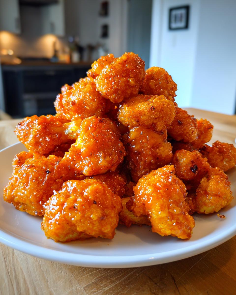 A towering pile of crispy, orange-glazed buffalo cauliflower bites served on a white plate.