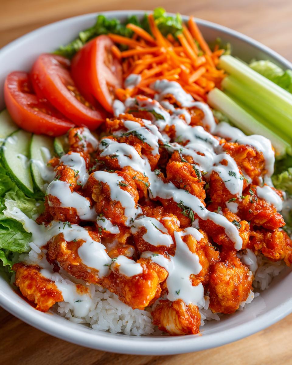 A close-up of a buffalo chicken bowl featuring saucy chicken over rice, drizzled with ranch, and surrounded by fresh vegetables.