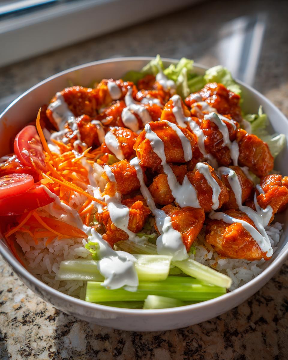 A close-up view of a delicious buffalo chicken bowl featuring orange-sauced chicken, white rice, celery, carrots, tomatoes, and a generous drizzle of ranch dressing.