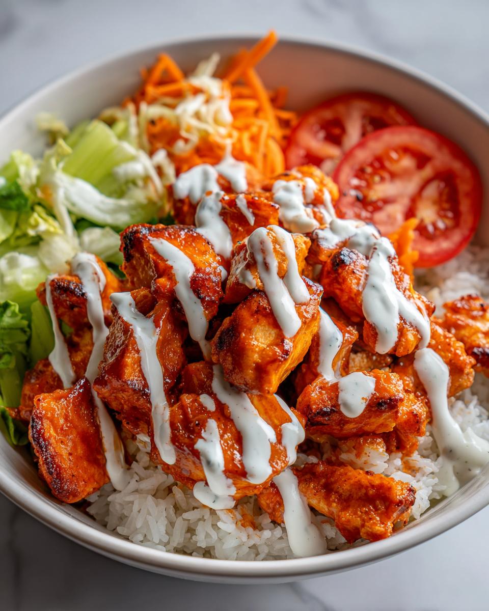 Close-up of a buffalo chicken bowl featuring orange-glazed chicken pieces over white rice, drizzled with ranch, and served with lettuce, carrots, and tomato.