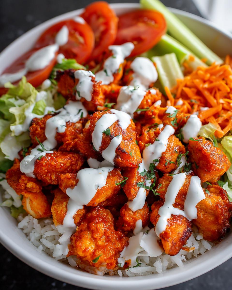 Close-up of a buffalo chicken bowl featuring orange-glazed chicken pieces over rice, topped with ranch dressing, lettuce, carrots, celery, and tomatoes.