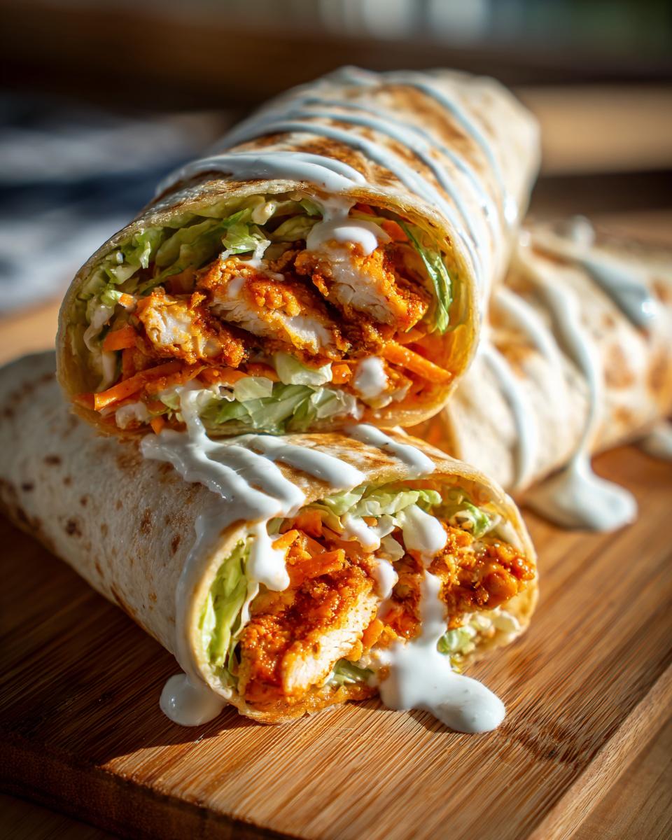 Close-up of a buffalo chicken wrap cut in half, showing crispy chicken, lettuce, carrots, and drizzled with ranch dressing.