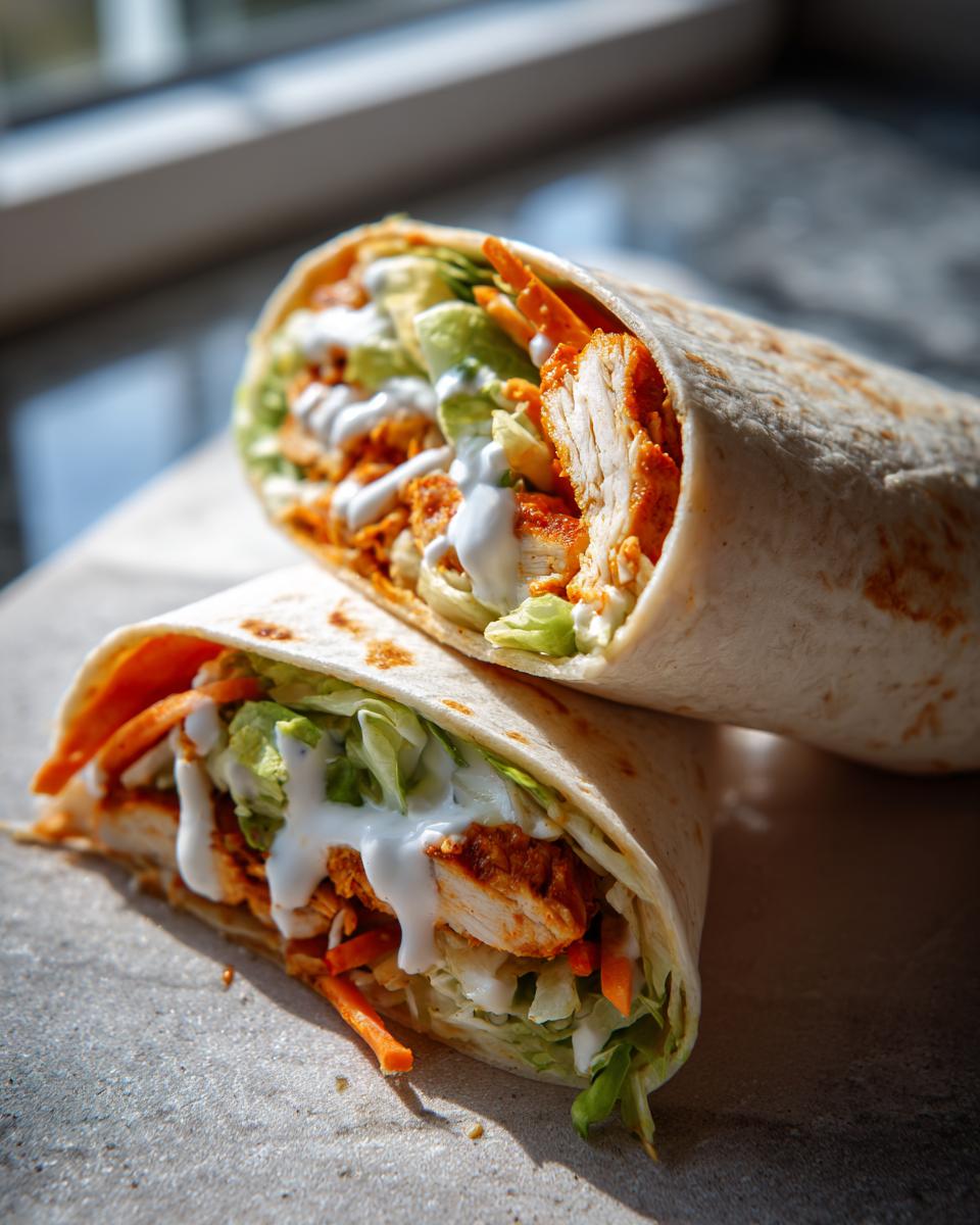 Two halves of a buffalo chicken wrap stacked, showing spicy chicken, lettuce, carrots, and ranch dressing inside a tortilla.