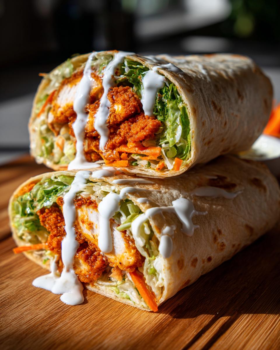 Two halves of a crunchy buffalo chicken wrap stacked, filled with spicy chicken, lettuce, carrots, and drizzled with white ranch sauce.