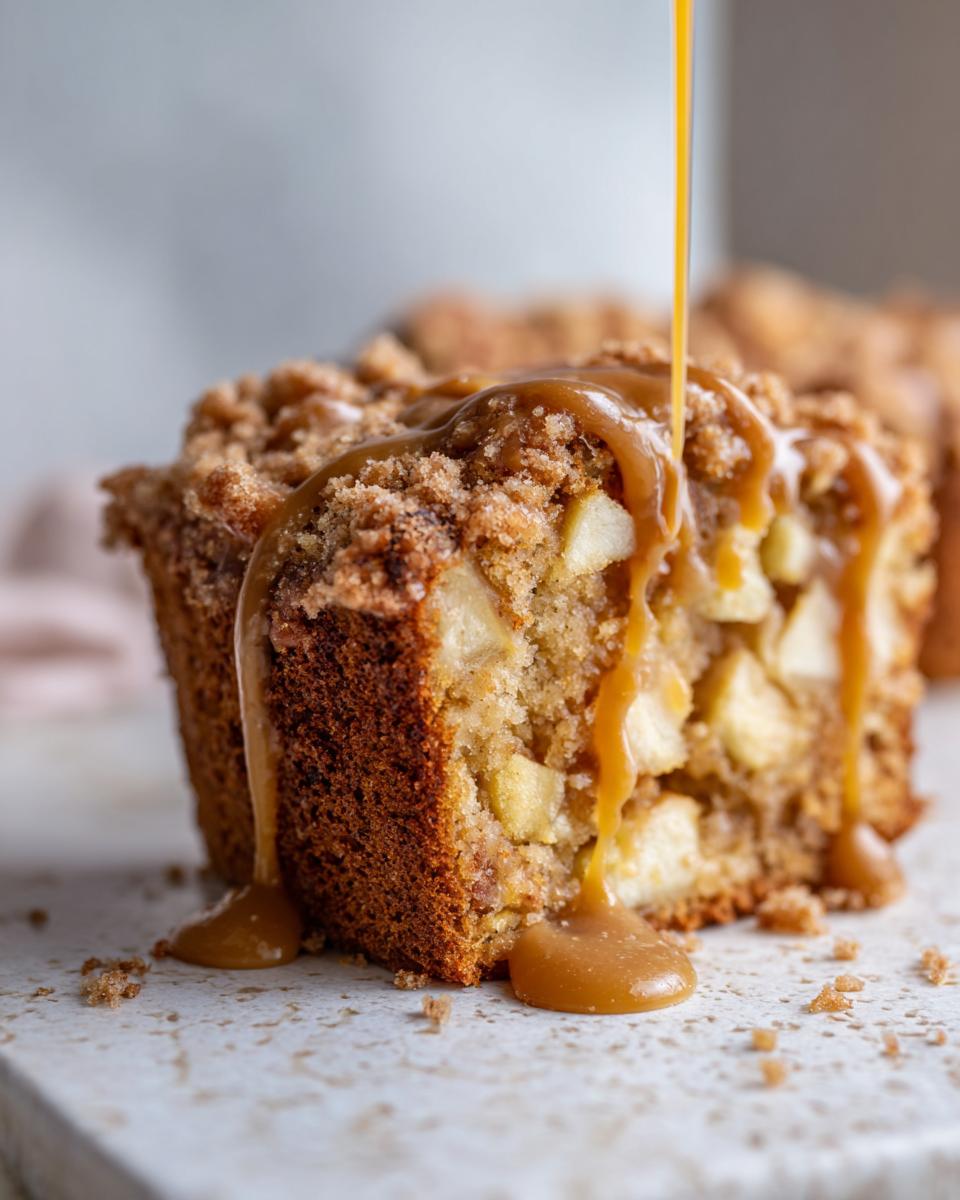 Close-up of a slice of apple dapple cake with visible apple chunks and crumble topping, being drizzled with thick caramel sauce.