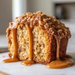 Close-up of a slice of moist apple dapple cake topped with crumb and dripping with rich caramel sauce.