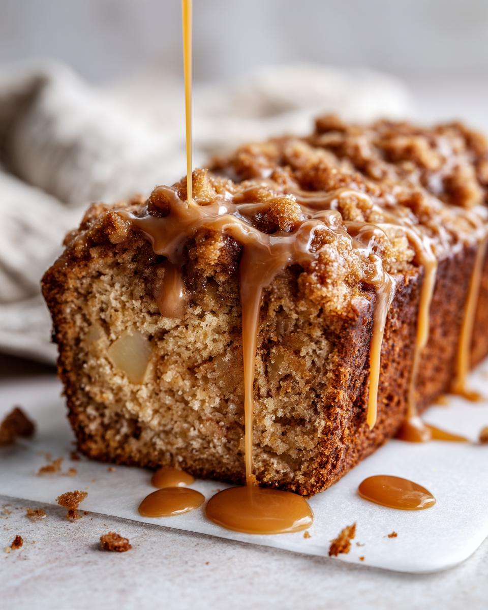 A close-up of a freshly baked apple dapple cake loaf being generously drizzled with thick caramel sauce.