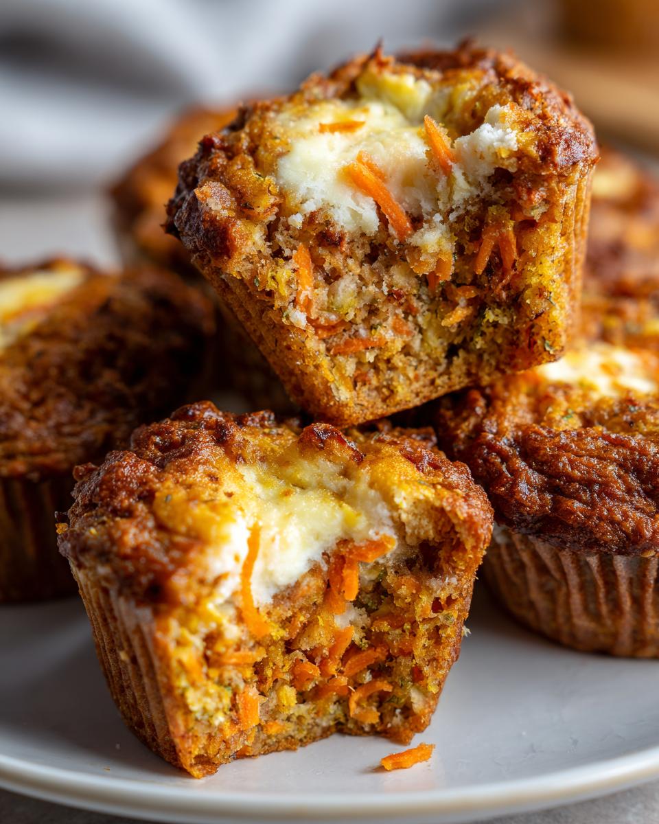 A close-up of two carrot cake muffins, one split open revealing shredded carrots and a cream cheese filling.