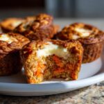 Close-up of a carrot cake muffin with a bite taken out, revealing shredded carrots and a creamy cream cheese filling.