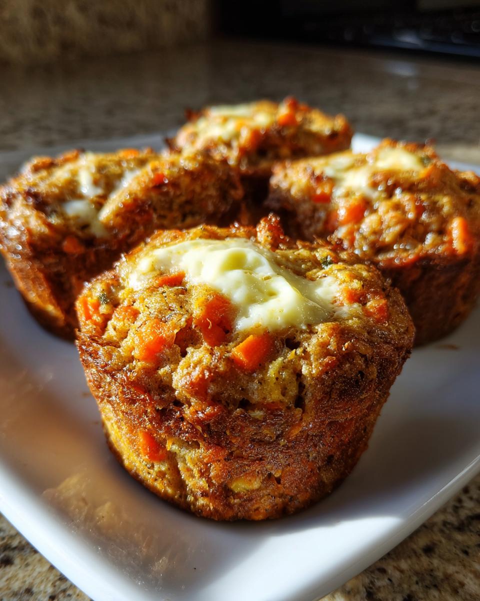 Four golden brown carrot cake muffins topped with melted cream cheese, served on a white plate.