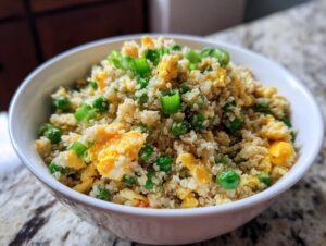 Close-up of a white bowl filled with healthy cauliflower fried rice, mixed with scrambled egg, green peas, and scallions.