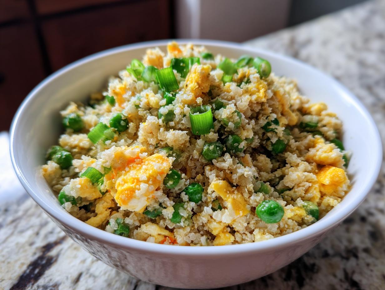 Close-up of a white bowl filled with healthy cauliflower fried rice, mixed with scrambled egg, green peas, and scallions.