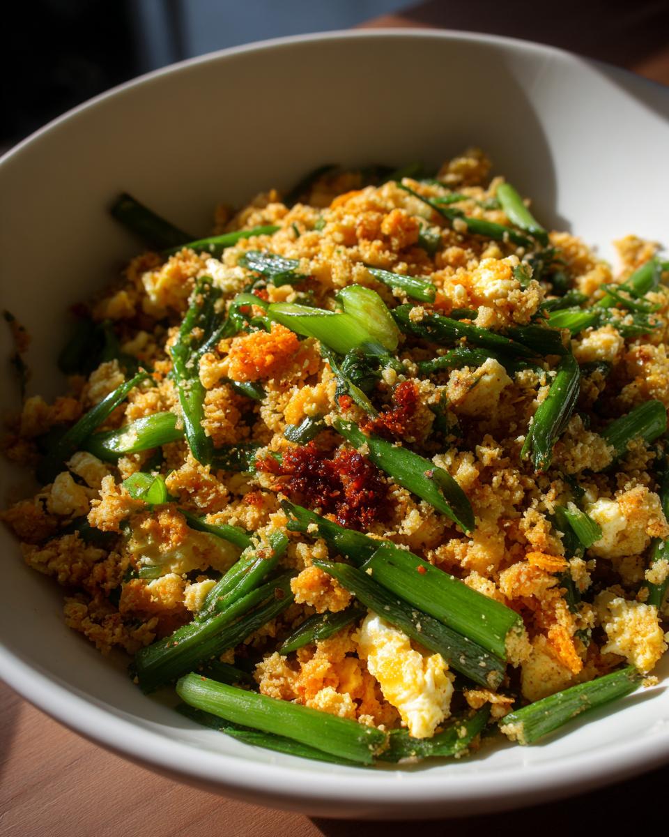 A close-up view of healthy cauliflower fried rice mixed with bright green vegetables and scrambled egg pieces in a white bowl.