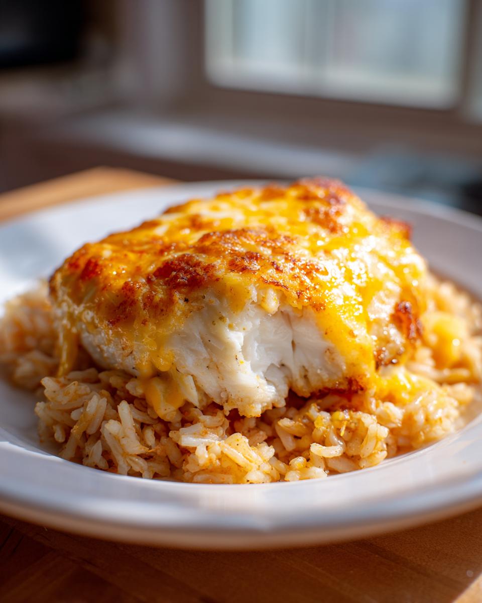Close-up of a white fish fillet topped with melted, browned cheese served over seasoned rice, contrasting the 'fiesta lime chicken' theme.