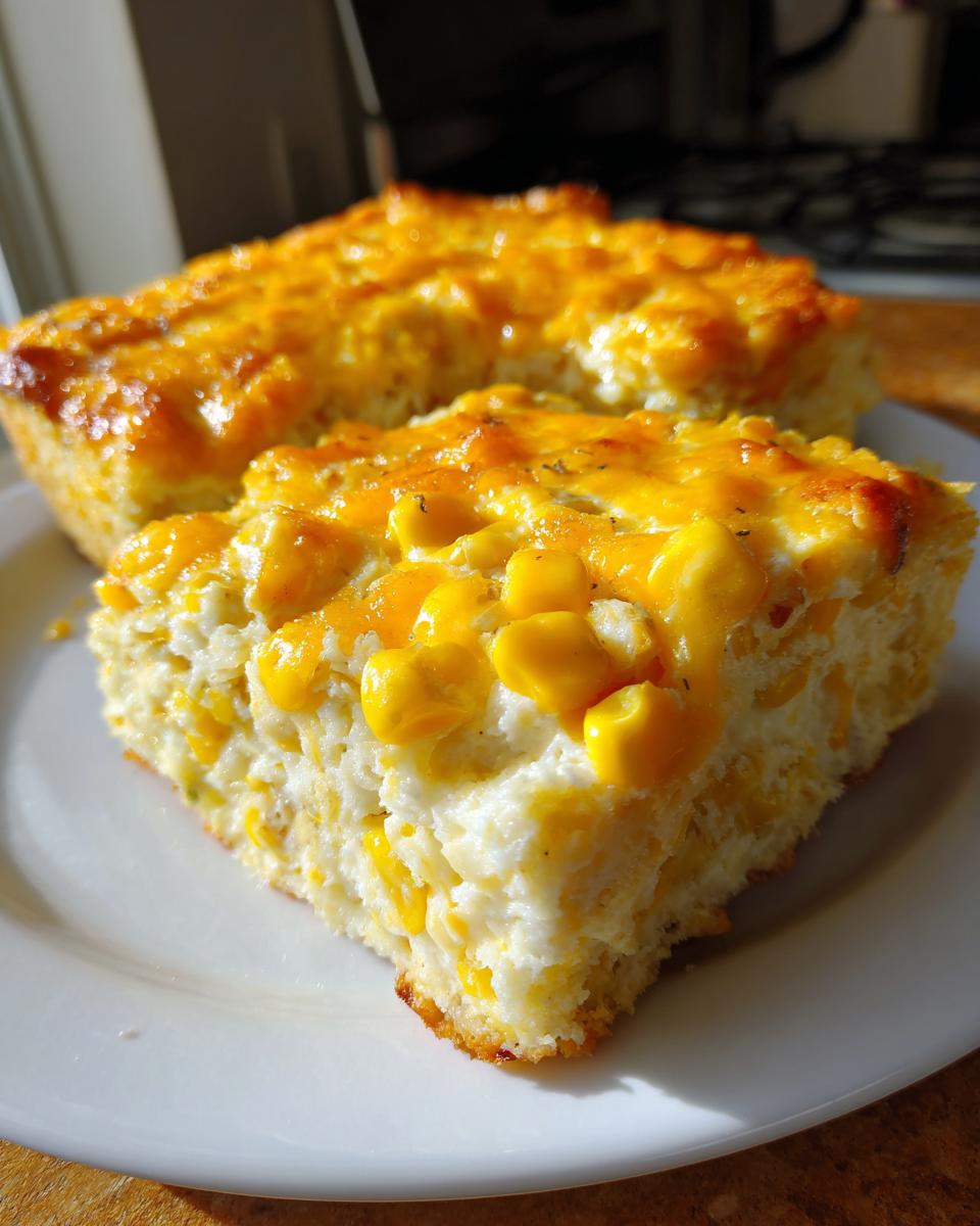 A close-up slice of cheesy corn casserole, showing whole corn kernels mixed in a creamy base and topped with melted cheddar cheese.