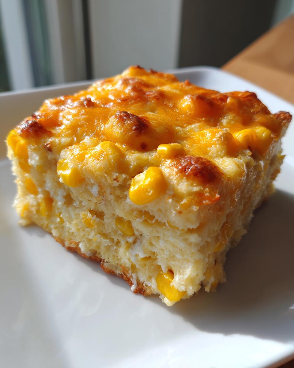 A square slice of cheesy corn casserole with visible whole corn kernels and a golden, baked cheese topping.