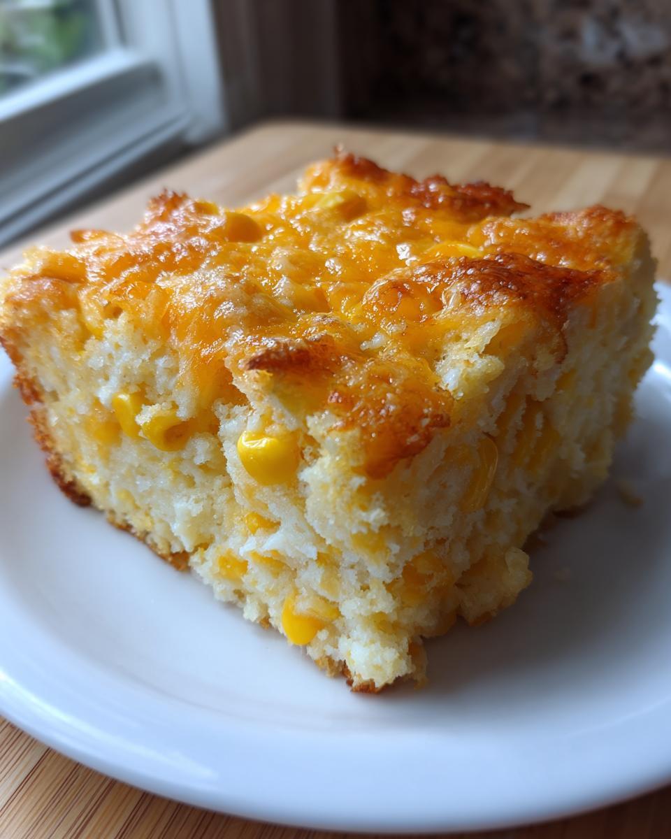 A square slice of amazing 1-pan cheesy corn casserole topped with melted, golden cheddar cheese.