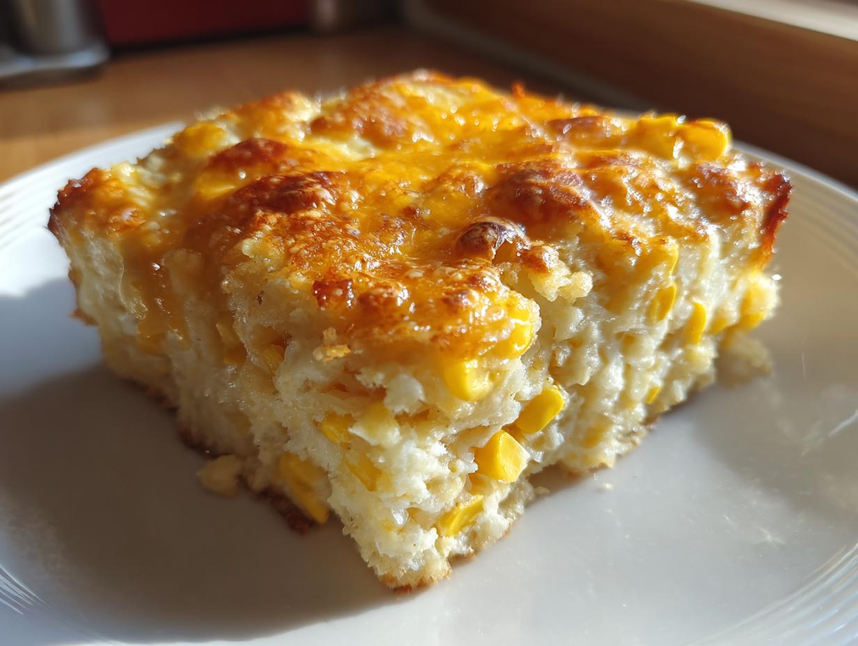 A close-up of a square slice of cheesy corn casserole featuring visible yellow corn kernels and a golden, bubbly cheese topping.