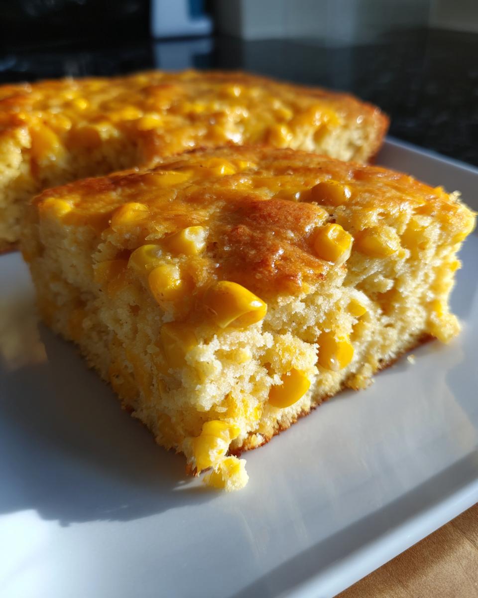 Close-up of a moist slice of cheesy corn casserole showing visible yellow corn kernels baked into the golden top.