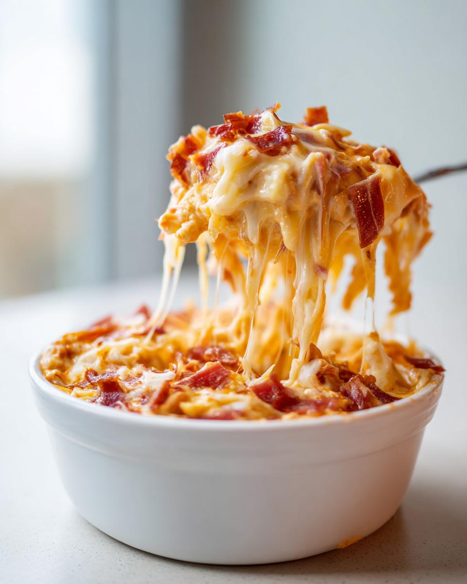 A spoonful of hot, cheesy reuben dip being lifted from a white bowl, showing long, gooey cheese pulls and bits of corned beef.