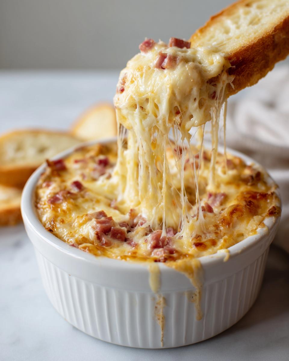 A piece of toasted bread pulls up a generous scoop of hot, cheesy reuben dip with visible pieces of corned beef.
