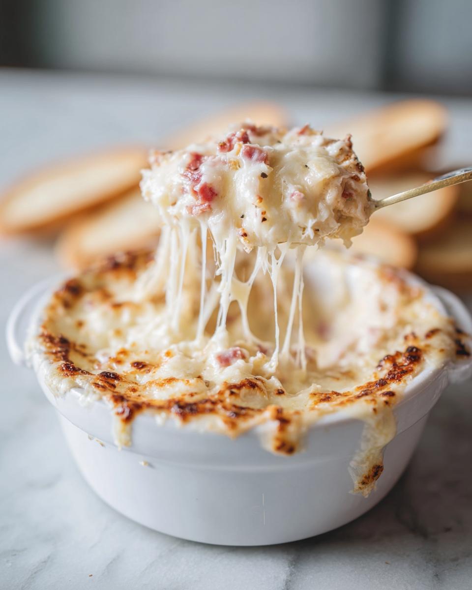 A spoonful of hot, cheesy reuben dip is lifted from a white crock, showing long, melted cheese pulls.