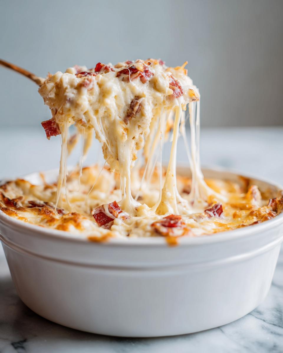 A spoonful of hot, cheesy reuben dip being lifted, showing long, gooey cheese pulls over the white serving dish.
