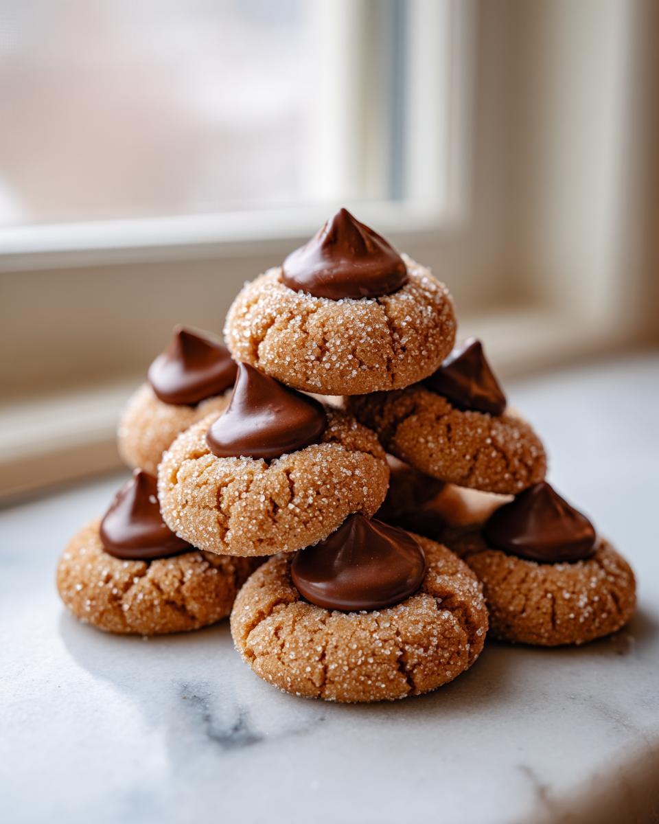 A pyramid stack of chewy peanut butter kiss cookies rolled in sugar with a chocolate kiss on top.