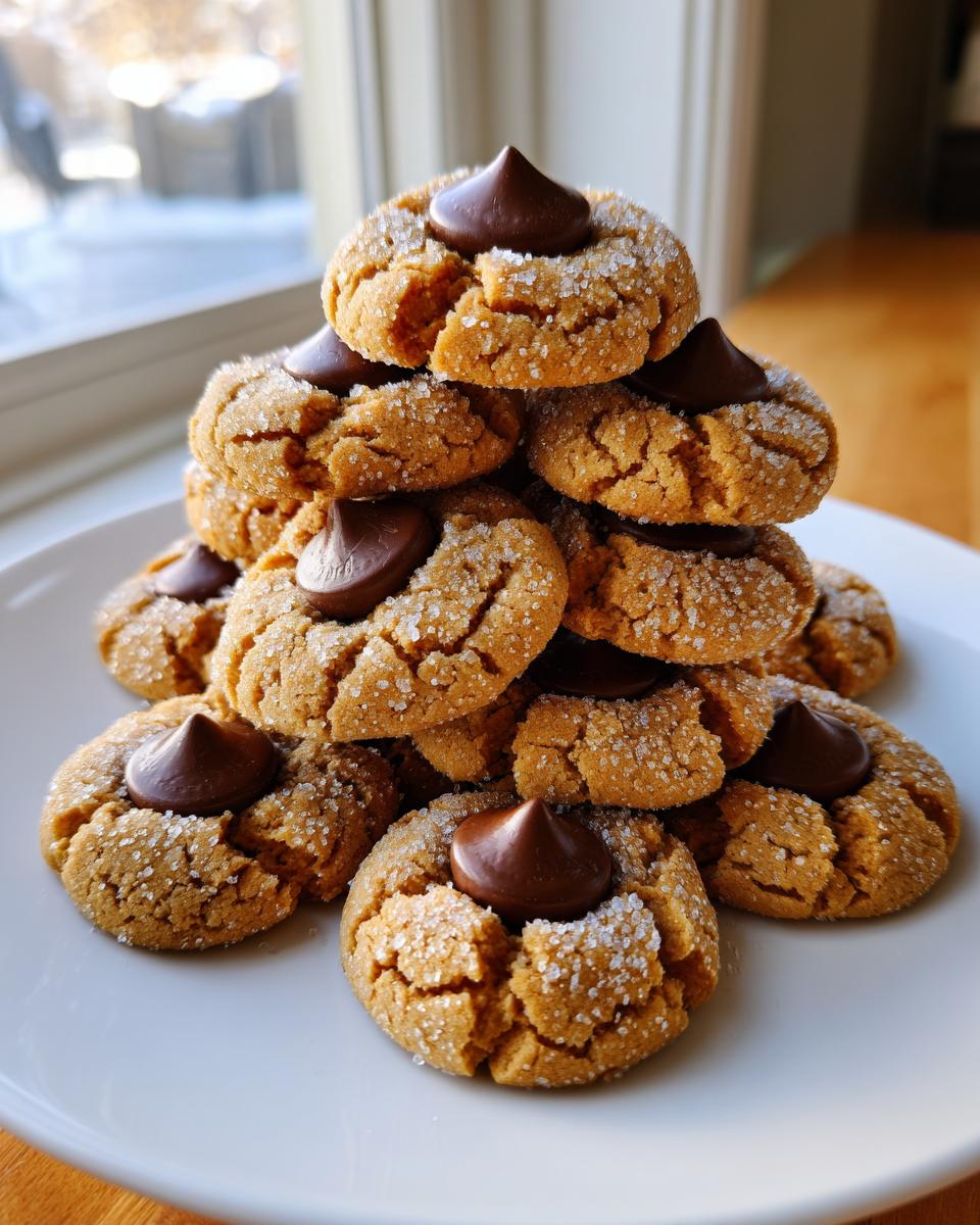 A tall stack of chewy peanut butter kiss cookies, rolled in sugar and topped with a chocolate kiss.