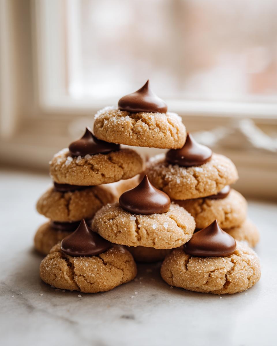 A pyramid stack of soft, chewy kiss cookies rolled in sugar, each topped with a melted chocolate kiss.